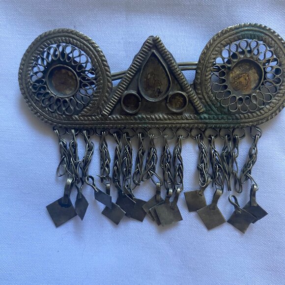 RARE ANCIENT BERBER STYLE BRONZE AMULET PENDANT HAIR CLIP ENGRAVINGS NO STONES - Picture 3 of 6